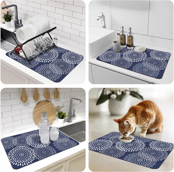 LuxStep Dish Drying Mat Super Absorbent Kitchen Counter Mat Rubber Backing Draining Mat Easy to Clean Kitchen Accessories Dish Rack Pad for Dishes, Utensils, Countertops, Sinks 16" x 24" Blue