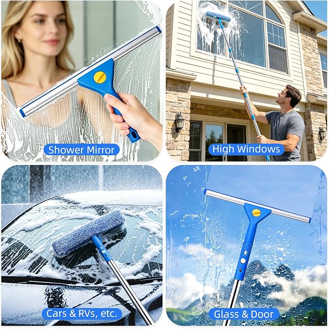 Window Cleaning Kit with 3 Gal Bucket - 14'' Window Squeegee&15'' Scrubber&76'' Long Handle Window Cleaner Tool, Professional Windows Washing Equipment for Home, Commercial Use, Outdoor, Car
