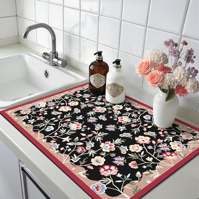 LOKHOM Floral Dish Drying Mat, 18"x24" Super Absorbent Non-slip Bordered Coffee Mat with Oil Painting Black Floral, Cuttable Hide Stain Drying Mat for Kitchen Counter Coffee Maker Espresso Machine