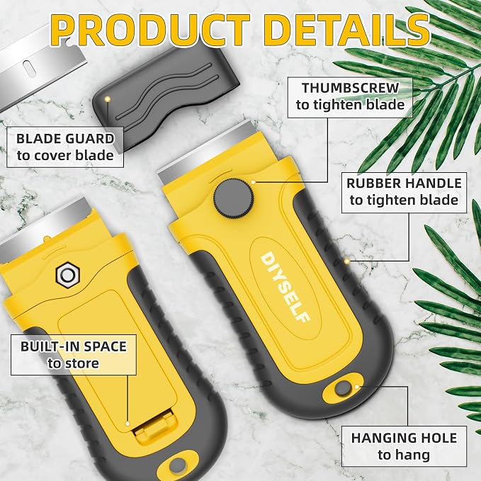 DIYSELF Razor Scraper Tool with 15 Extra Blades for Kitchen, Paint Scraper | Built-In Blade Storage Razor Scraper for Cooktops, Oven Glass, Windows and Tile, Paint Scraper for Stickers, Glue and Residue
