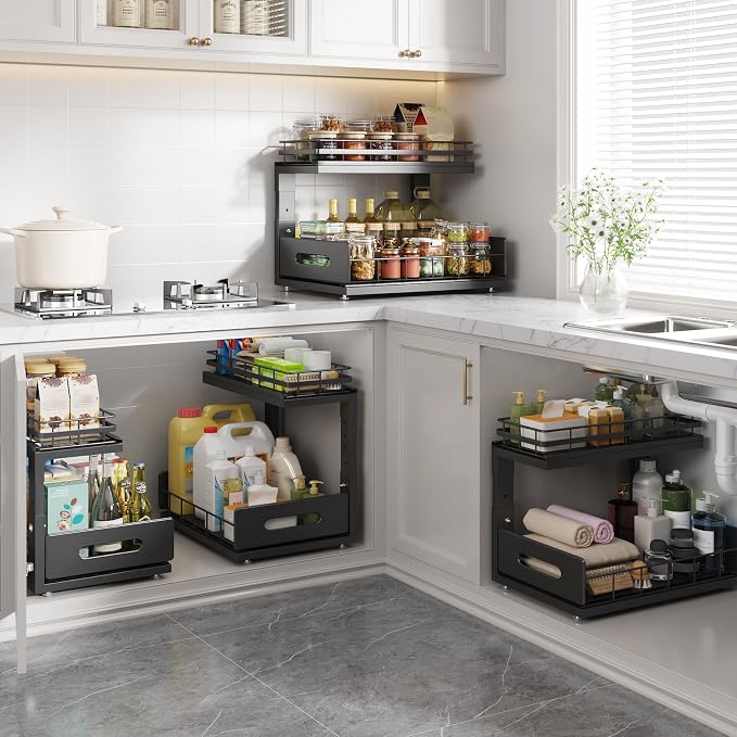 Under Sink Organizer Upgrade To Professional Rails,2-Tier Dual Pull Out Cabinet Storage,Height Adjustable Slide Out Drawers For Bathroom Kitchen,2 Pack-14.5" Dx12.8-16.9" H,Black