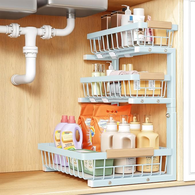 PXRACK Under Sink Organizer, 1-Pack 3-Tier Height Adjustable Thickened Metal Pull out Cabinet Organizer Shelf, Slide out Storage Drawer Rack for Bathroom Kitchen Pantry Home Organization, LightBlue