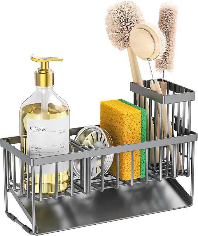 Cisily Sink Caddy Organzier with High Brush Holder, Sponge Holder for Sink, 304 Rustproof Stainless, Kitchen Countertop Soap Dispenser Organizer, Dark Gray Kitchen Decor and Accessories