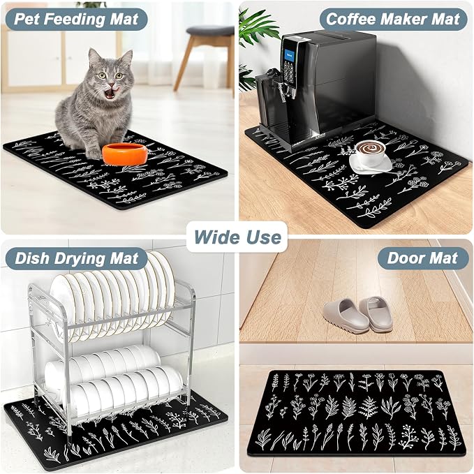 Rnivvi Coffee Mat, 12" x 19" Cute Coffee Bar Mats for Espresso Machine Station Accessories and Organizer, Hide Stain Rubber Backed Absorbent Dish Drying Pad for Kitchen Counter, Black White Leaves