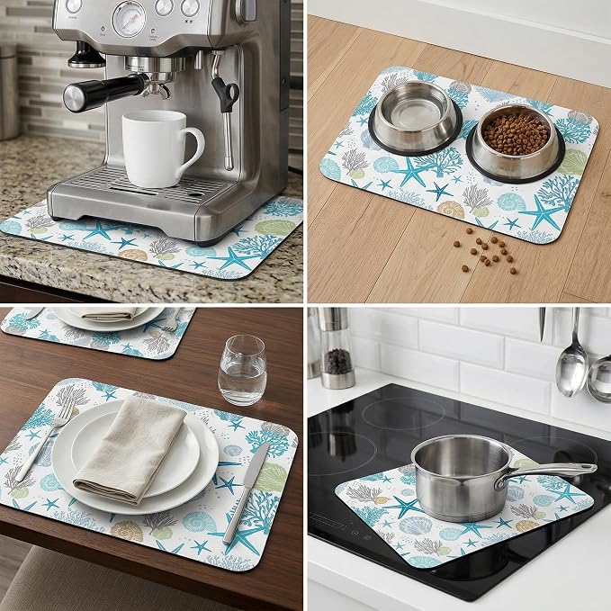 Summer Coastal Shell Dish Drying Mat for Kitchen Counter Sink, Blue Absorbent Microfiber Drying Pad, Reversible Beach Decor Countertop Mat