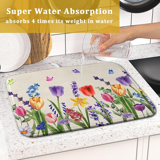 Spring Summer Colorful Flower Dish Drying Mat 16x18 Inch Spring Wildflowers Kitchen Pad Botanical Floral Drainer Rack Mats Absorbent Fast Dry Microfiber Dish Drying Pad for Countertop Table Decoration