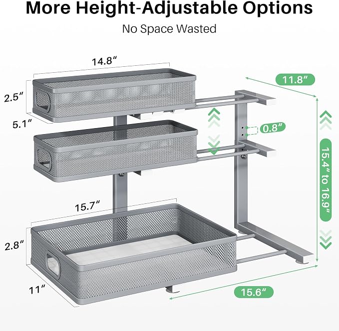 Kitstorack Under Sink Organizer, 1-Pack 3-Tier Height Adjustable Thickened Metal Pull out Cabinet Organizer Shelf, Slide out Storage Drawer Rack for Bathroom Kitchen Pantry Home Organization, Grey