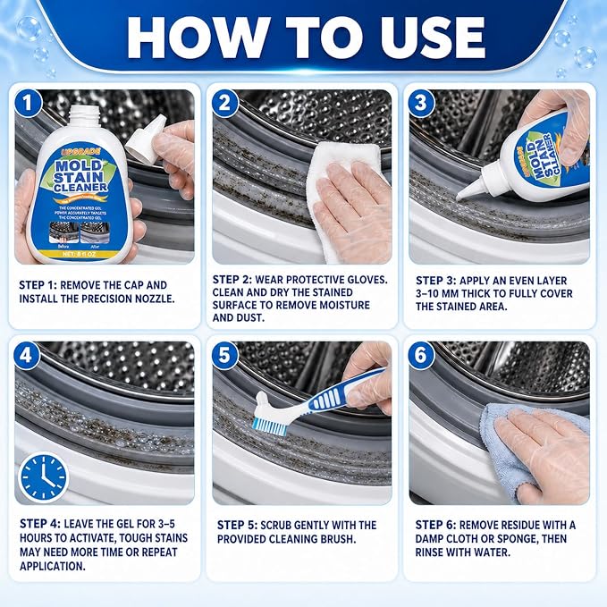 Mold Stain Remover Gel, Heavy Duty Multifunctional Washing Machine Cleaner, Effective Stain Removal for Washing Machine Seal, Bathroom Grout, Caulk, Tile and Household Surfaces