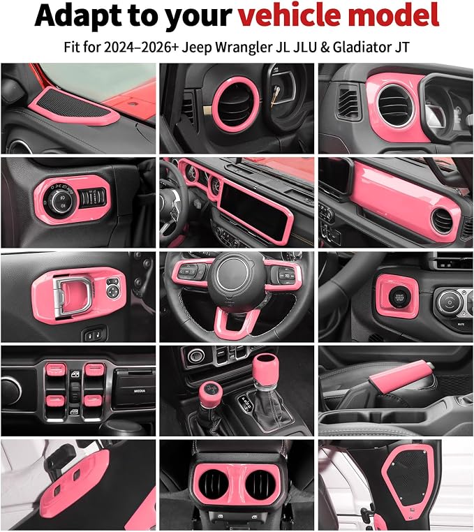 JWWY Interior Trim Kit Dress-Up Kit Decor Set Center Console Gear Shift Dashboard Panel,Door Window Switch Knob Speaker Cover Trim for 2024β2026 Jeep Wrangler JL JLU & Gladiator JT Pink 28pcs