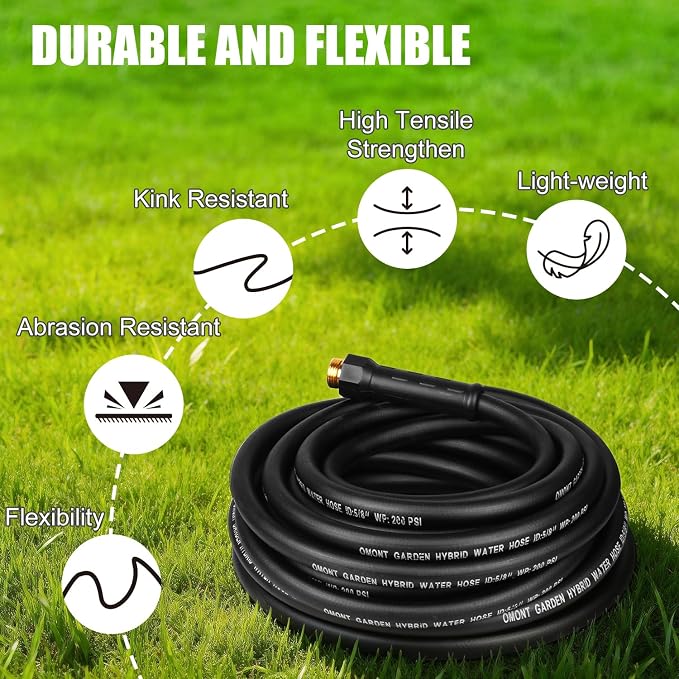 Garden Hose 25ft Heavy Duty Rubber Water Hose, Flexible Rubber Hybrid Hose, Leak-Free Connections, Male to Female 3/4'' Brass Fittings for Garden, Lawn, Yard (25ft)