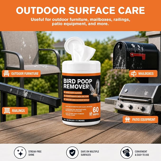Bird Poop Remover Wipes, 2 Pack, 120 Wipes Total | Car Cleaning Wipes for Bird Droppings, Bird Poop Cleaner Safe for Automotive Paint, Glass, Trucks, RVs & Outdoor Vehicles