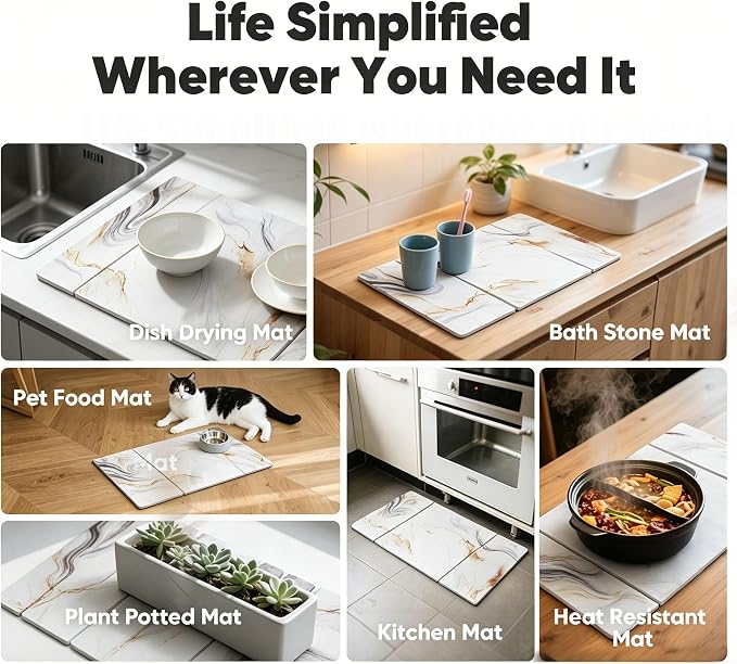 Stone Drying Mat for Kitchen Counter, Quick Diatomaceous Earth Mats for Dishes, 24"L x 16" W Super Absorbent Fast-Drying Collapsible Countertop Stone Mat (Marble White-08, 24" x 16")