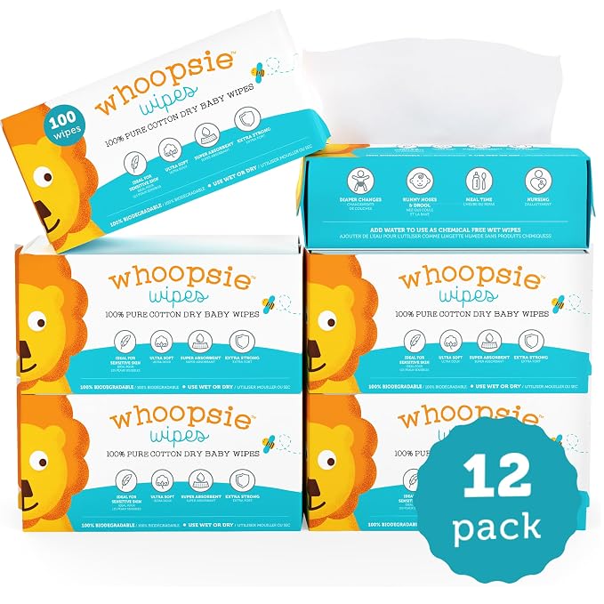 Whoopsie Wipes – The Original 100% Pure Cotton Dry Baby Wipes – Ultra Soft, Unscented, Chemical-Free Wipes for Sensitive Skin – Use Dry or Add Water for Wet Wipes – 12 Packs (1200 Count)