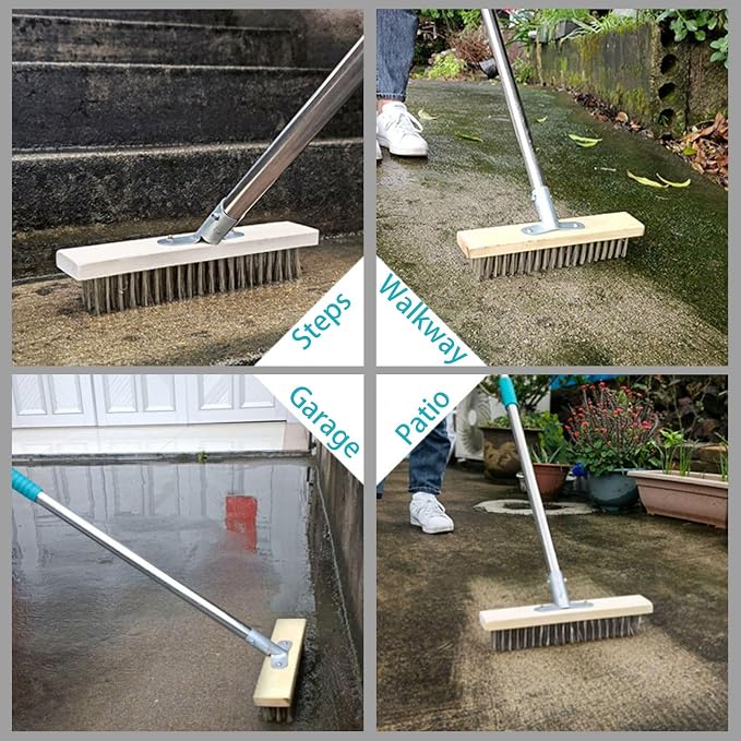 Stainless Steel Deck Scrub Brush with Long Handle, Heavy Duty Floor Scrubber Moss Remover Concrete Wire Bristle Brush for Cleaning Yard Broom Outdoor Metal Patio Scrubbing Brush