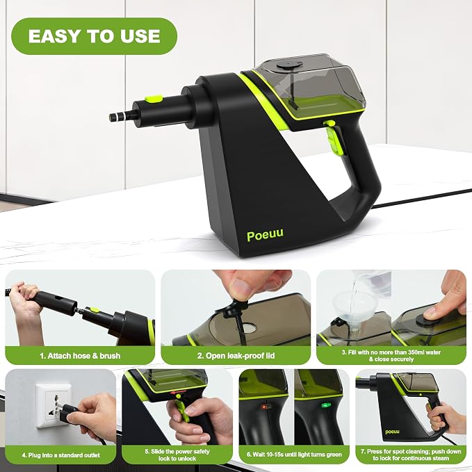 Handheld Steam Cleaner for Home,Steamer for Cleaning Bathroom Kitchen Car | 10S Fast Heat-Up,3.5Bar High-Pressure Steam,Refill Without Cooling,3 Ft Flexible Hose,Secure Lock Design,12 Accessories