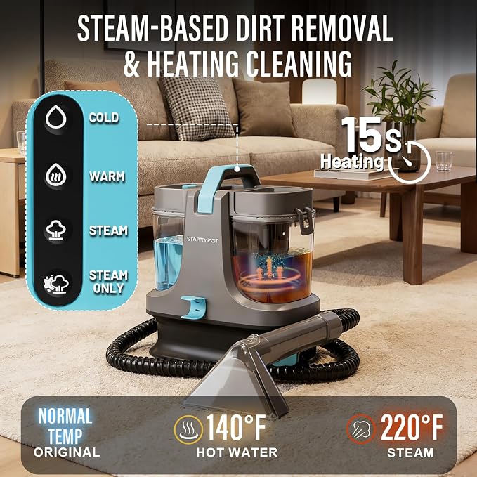 Starrybot Portable Carpet Cleaner with Steam, 18Kpa Spot Cleaner | Steam and heating technology help lift pet messes, couch stains, stair spots, rugs, and furniture dirt.