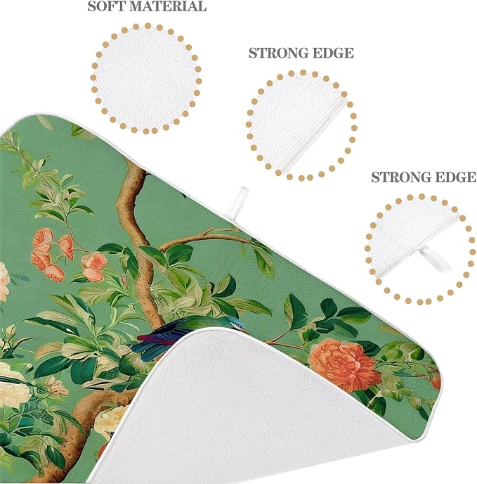 Chinoiserie Dish Drying Mat 18 x 24 Inch Vintage Green Bird Floral Drying Mat for Kitchen Counter Absorbent Spring Summer Green Dishes Dry Pad for Drainer Rack Kitchen Fast Dry