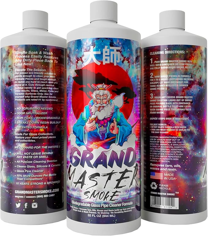 GRAND MASTER SMOKE 64oz / 2 Pack Soak & Wash Bundle Glass Pipe Cleaner - Cleanse, Deodorize, Restore - No Shaking/No Scrubbing