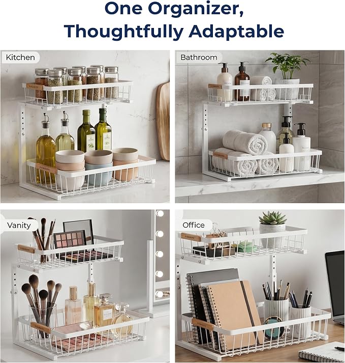 Under Sink Organizer with Motion-Activated LED Lights, 2 Pack, 2 Tier Sliding L-Shaped Carbon Steel Rack with Adjustable Height, Dividers & Hooks (White)