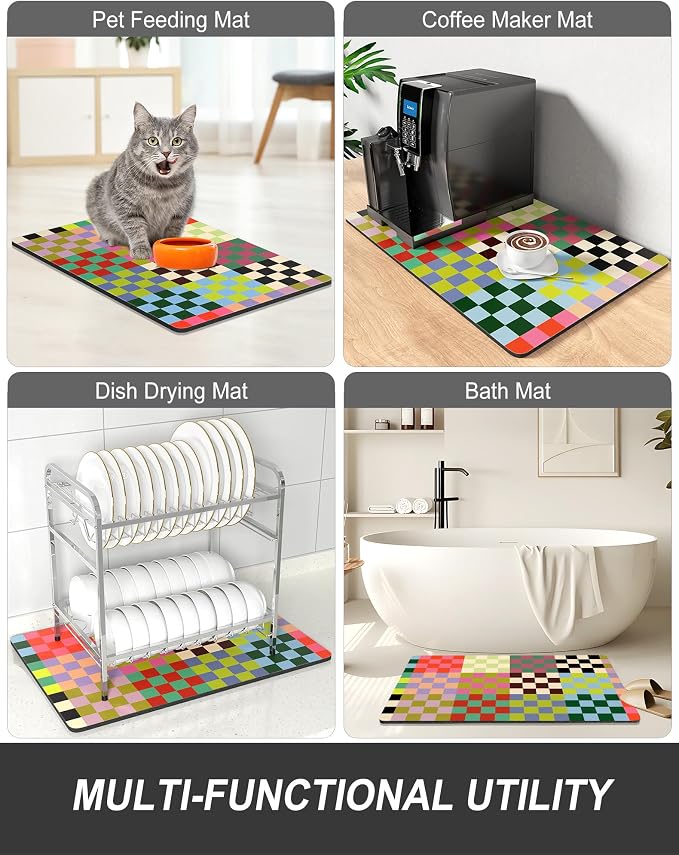 Rnivvi Dish Drying Mat for Kitchen Counter, XL 15 x 24" Cute Checkered Absorbent Draining Pad, Non-Slip Heat Resistant Coffee Bar Mats for Coffee Machine Station Accessories, Colorful Dish Rack Pad