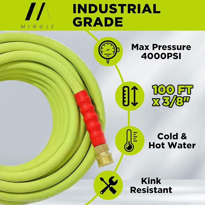 M MINGLE Pressure Washer Hose 100 FT x 3/8" - Replacement Power Wash Hose | M22 14mm to 3/8 Inch Quick Connect Fittings - Hot & Cold Water Use - Kink Resistant - 4000PSI