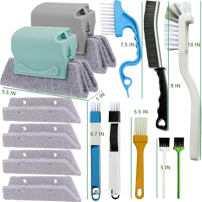 CRAFNEW 14Pcs Window Track Cleaning Tools, Groove Gap Cleaning Brush Kit | Crevice cleaner for window tracks, sliding doors, tile grout, AC vents, keyboards, window sills, shower tracks, car air vents
