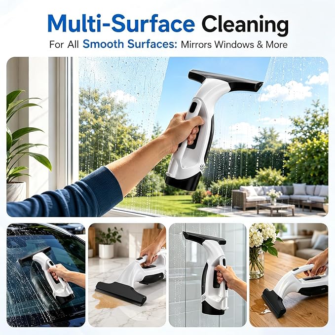 Window Vacuum Squeegee Cordless, 2000Pa Electric Window Cleaner Tool, 150ml Tank, 2200mAh Electric Window Glass Squeegee 280mm Wide Blade, 150ml Tank, Window Cleaning Kit for Glass Mirror Tile Car