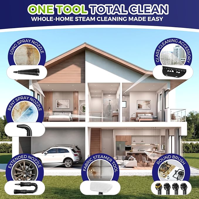 Handheld Steam Cleaner, 230°F Pressurized Steamer with No Water Spitting & Continuous Steam, 350ML Chemical-Free Deep Cleaning for Grease & Grime, 14 Accessories for Grout, Bathroom, Kitchen & Car
