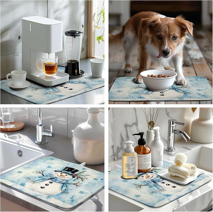 Blue Snowman Snowflake Christmas Dish Drying Rack - 16x18 Inch Absorbent Microfiber Mat for Home Coffee Bar