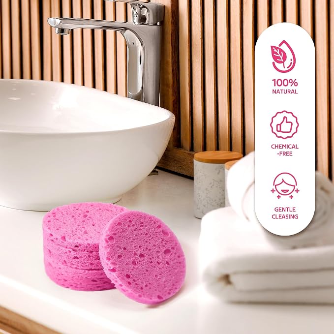 GAINWELL Gifts for MoM in Mothers Day, 50-Count Compressed Facial Sponge, Daily Facial Cleansing and Exfoliating, 100% Natural Cosmetic Spa Sponges for Makeup Remover, Reusable, Pink