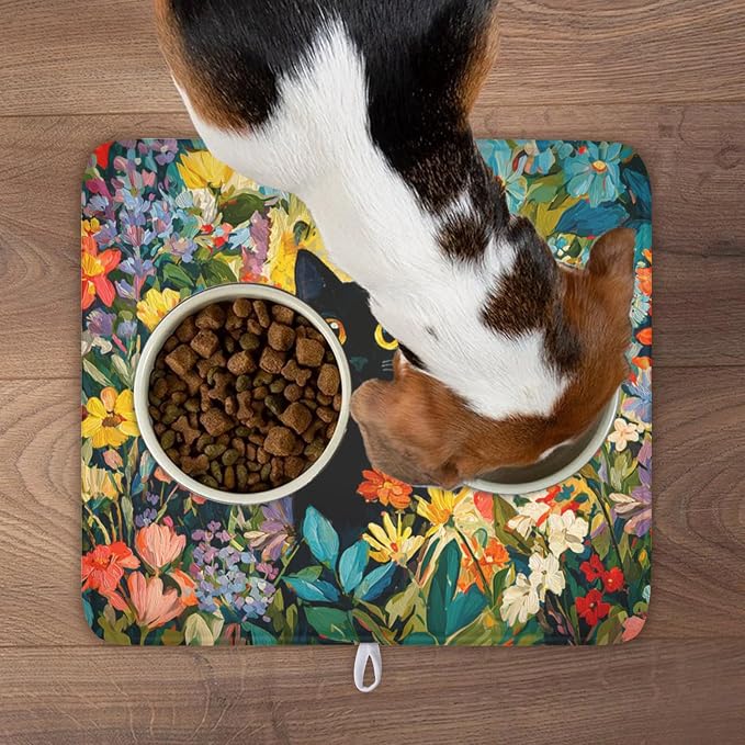 Spring Summer Floral Cat Dish Drying Mat for Kitchen Counter Abstract Oil Painting Wildflower Microfiber Dish Drainer Mat Rustic Absorbent Washable Drying Pad 16"x18"