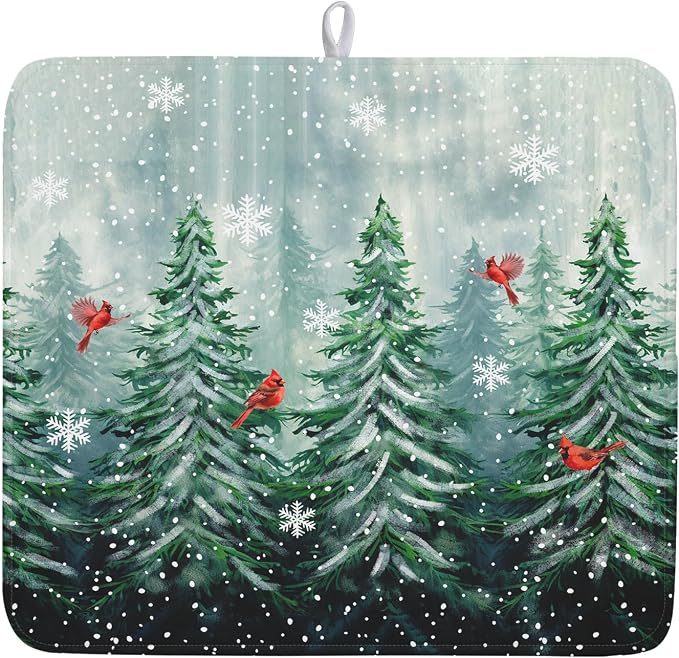 Welcome Winter Pines Tree Dish Drying Mat, Winter Snowflake Dish Drying Mat for Kitchen Counter, Red Birds Absorbent Fast Dry Dish Drainer Mat Protector Xmas Microfiber Dish Drying Pad 16"x18"