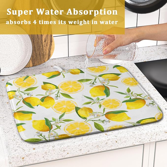 Lemon Dish Drying Mat for Kitchen Counter Spring Summer Microfiber Absorbent Dish Draining Reusable Washable Foldable 16"x18"