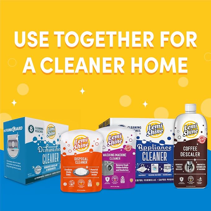 Lemi Shine Natural Dishwasher Cleaner & Deodorizer - 14.08 oz (8 Pack) | Hard Water Citric Acid Cleaning Powder - Lemon Scented Eco-Friendly Dishwasher Cleaner & Deodorizer
