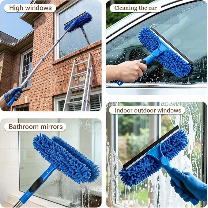 67" Window Squeegee for Window Cleaning with Extension Pole, 3-in-1 | Rotatable Lock Design,Stainless, Professional Window Cleaner Tool Kit for Indoor Outdoor High Windows,Car Glass,Shower Doors
