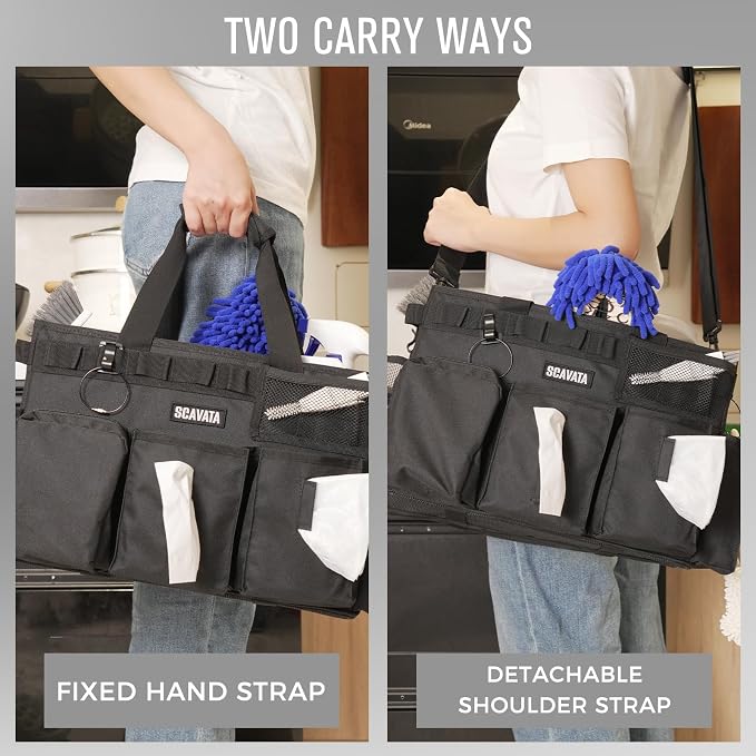 SCAVATA Wearable Cleaning Caddy Bag, Supplies Organizer with Handle & Shoulder Straps for Housekeepers, Under Sink & Car Cleaning Tool Organizer with 4 Foldable Dividers (Black)