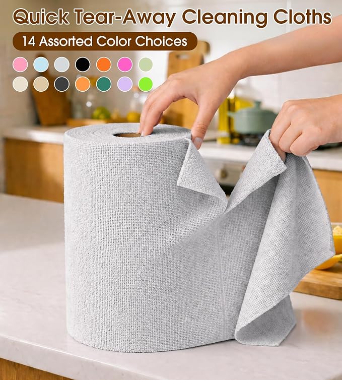 KitchLife Microfiber Cleaning Cloth Roll, 100 Pack - Tear-Away Microfiber Paper Towels, Lint-Free, Reusable, Washable for Kitchen, Car, Dishes, and Sensitive Surfaces (Light Gray)