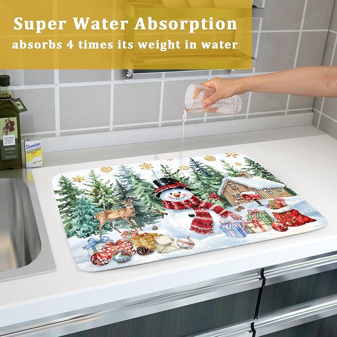 Christmas Kitchen Drying Mat 18 x 24 Inch Xmas Snowman Drying Pad Snowflake and Tree Pattern Absorbent Reversible Microfiber Mats Winter Dish Rack Pad Drainer Mat for Coffee Bar Decor
