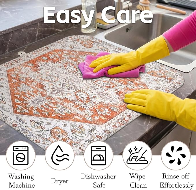 Boho Dish Drying Mat for Kitchen Counter,Vintage Orange Modern Farmhouse Absorbent Microfiber Reusable Washable Non-Slip Dish Drainer Draining Mats Dishes Pad for Kitchen Decor 18x16 Inch