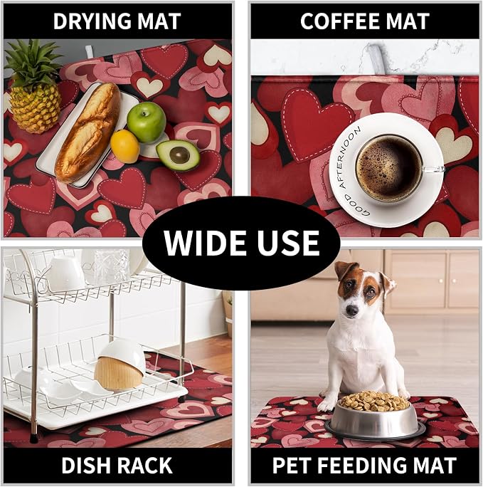 Valentine Dish Drying Mat for Kitchen Counter Red Black Love Heart Drying Pad Microfiber Absorbent Coffee Bar Mat Heat Resistant Countertop Protector Dishes Drainer Mat 18x24 Inch