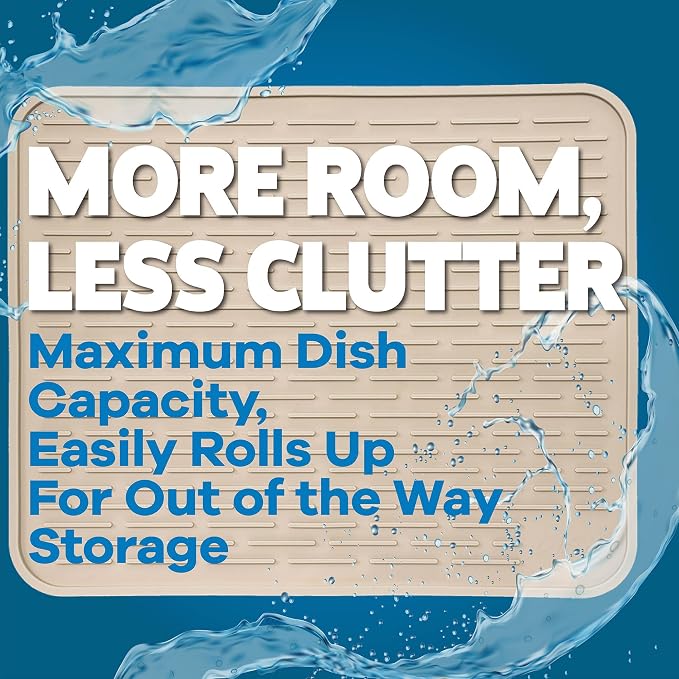 XXL Silicone Dish Drying Mat for Kitchen Counter or Under Sink, 24" x 18" Extra Large, Waterproof Pet Feeding Mat, Dog Food, Water Bowls, Under Drying Racks for Dishes, Coffee Bars, Bar Mats (Beige)