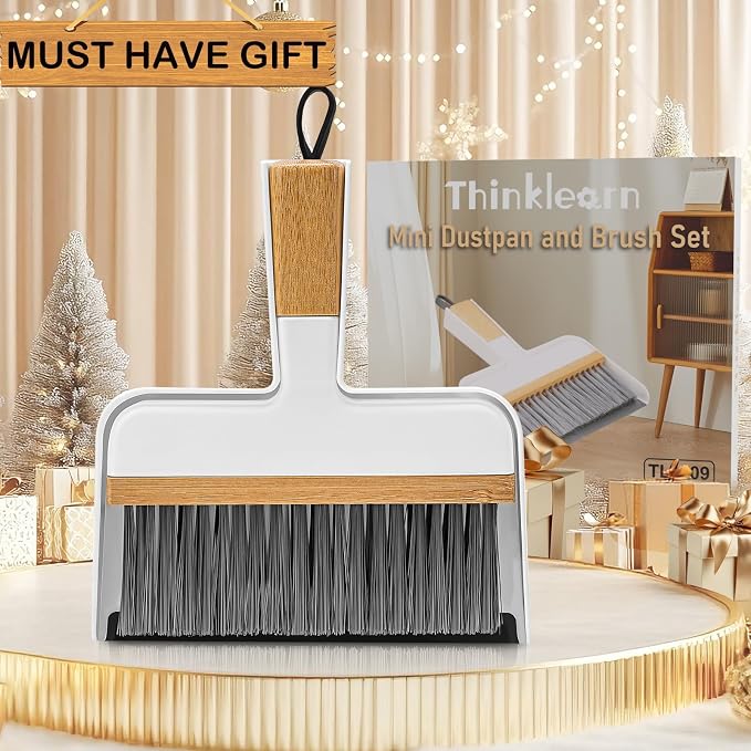 ThinkLearn Mini Dustpan and Brush Set, Bamboo Handle with Rubber Lip | Small Handheld Cleaning Set for Tight Spaces, Small Broom Dustpan for Home Car Camping