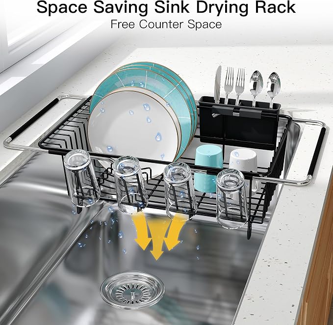 JASIWAY Black Dish Drying Rack in Sink with Mat, Expandable Stainless Steel Dish Drainers for Kitchen Counter, Space Saving Dish Dryer for Inside Sink, Over Sink Dish Racks with Utensil Holder