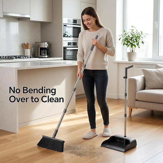 Broom and Dustpan Set, 52" Long Handle with Dust Pan Teeth, Black | Standing Broom with Dustpan Combo Set Clean Pet Hair, Easy Sweeping Suitable for Home Kitchen Office Lobby