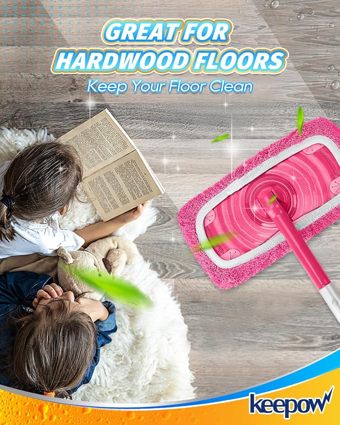 KEEPOW Reusable Mop Pads Compatible with Swiffer Sweeper, 4 Pack Pink | Washable Microfiber Replacement Mop Refills, Wet & Dry Dust Mopping Pads for Hardwood, Tile, Laminate & Vinyl Floors