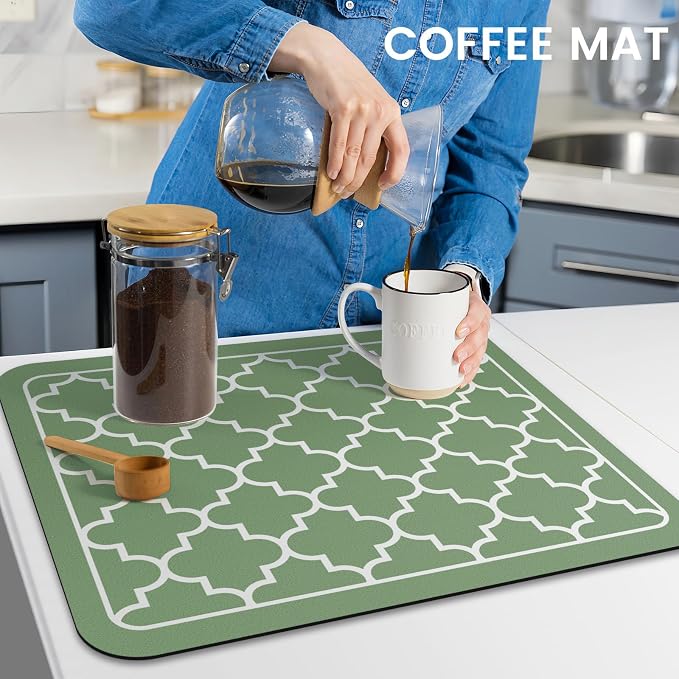 WISELIFE Dish Drying Mat Super Absorbent Drying Mat Large Dish Drying Mats for Kitchen Counter Easy Clean Dish Mat Kitchen Drying Mat15"x 18" Stylish Green
