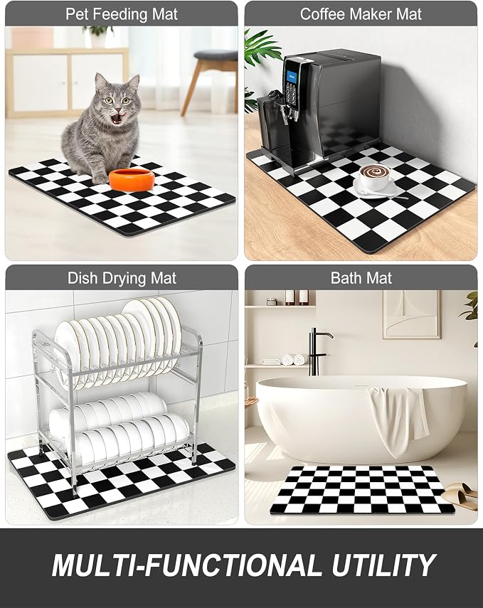Rnivvi Dish Drying Mat for Kitchen Counter, 12 x 19" Cute Checkered Absorbent Draining Pad, Non-Slip Heat Resistant Coffee Bar Mats for Coffee Machine Station Accessories, Black White Dish Rack Pad
