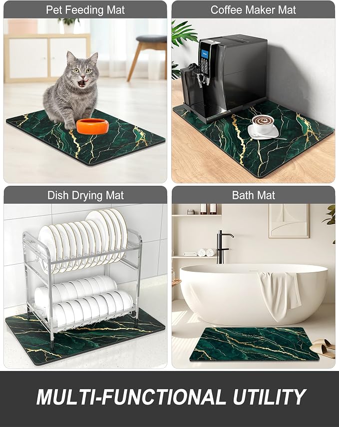 Rnivvi Dish Drying Mat for Kitchen Counter, XL 15 x 24" Cute Marble Absorbent Draining Pad, Non-Slip Heat Resistant Coffee Bar Mats for Coffee Machine Station Accessories, Green Gold Dish Rack Pad