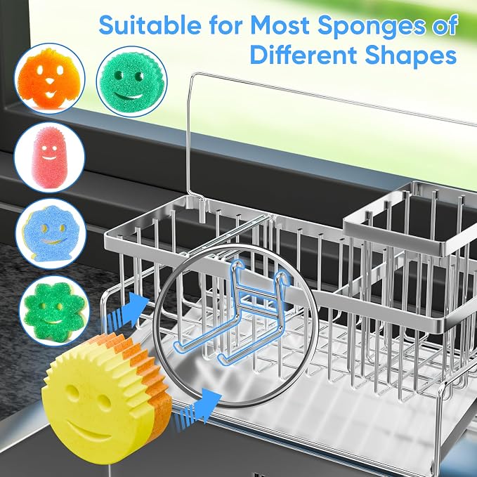 Sponge Holder for Kitchen Sink 304 Stainless Steel Self-Draining Sink Caddy with Smiley Face Sponge and Brush Holder Towel Bar and Divider Kitchen Gadgets Organizer for Countertop, Silver