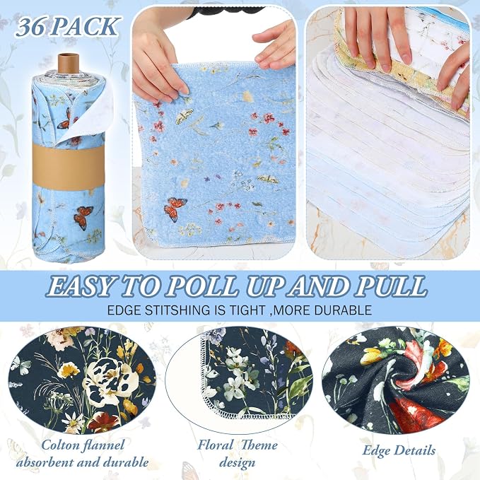 36 Pack Reusable Cleaning Cloths Washable Cotton Kitchen Dish Towels for Home Party Supplies Bulk, 9.84x11.81in (Rich Flowers)